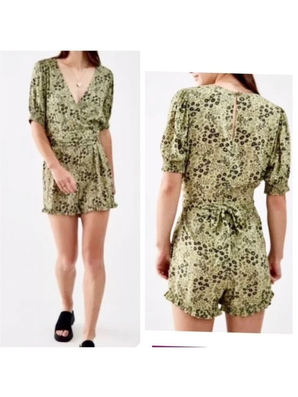 URBAN OUTFITTERS Floral BTS Romper Faux Wrap Tie Belt Shorts Jumpsuit Size Small